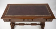 An antique English mahogany two drawer writing table with burgundy tooled leather top, barley twist legs and stretcher base, circa 1880, 76cm high, 114cm wide, 56cm deep. - 2