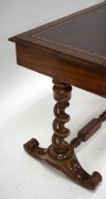 An antique English mahogany two drawer writing table with burgundy tooled leather top, barley twist legs and stretcher base, circa 1880, 76cm high, 114cm wide, 56cm deep. - 3
