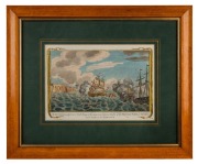 The SUCCESS Wedged On A Rock, Being At The Same Time Between The Fire Of The Spanish Fort At Umata, And A Ship In The Harbour", rare 18th century coloured engraving of Guam, circa 1730. ​​​​​​​Research notes attached verso. 22 x 31cm, 43 x 52cm overall.