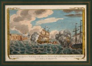 The SUCCESS Wedged On A Rock, Being At The Same Time Between The Fire Of The Spanish Fort At Umata, And A Ship In The Harbour", rare 18th century coloured engraving of Guam, circa 1730. ​​​​​​​Research notes attached verso. 22 x 31cm, 43 x 52cm overall. - 2