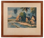 ARTIST UNKNOWN (early Malaysian School), (Malay village scene), watercolour, Bee Wah of Kuala Lumpur framing label verso, 26 x 36cm, 46 x 52cm overall.