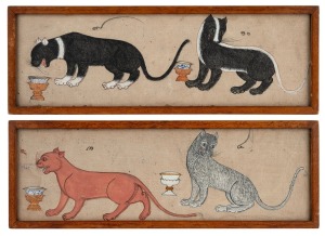 A rare pair of Thai manuscript illustrations of four Siamese cats guarding the King's golden goblets, watercolour on paper highlighted in gold, 19th century, research notes affixed verso, 13 x 38cm each overall.