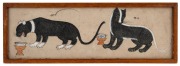 A rare pair of Thai manuscript illustrations of four Siamese cats guarding the King's golden goblets, watercolour on paper highlighted in gold, 19th century, ​​​​​​​research notes affixed verso, 13 x 38cm each overall. - 2