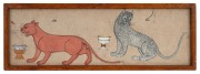 A rare pair of Thai manuscript illustrations of four Siamese cats guarding the King's golden goblets, watercolour on paper highlighted in gold, 19th century, ​​​​​​​research notes affixed verso, 13 x 38cm each overall. - 3