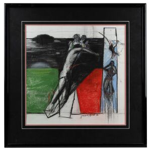 GRAEME BIRD, (untitled figures), charcoal and pastel on paper, signed lower right "Graeme Bird, '88", 44 x 44cm, 64 x 63cm overall. Together with six assorted framed artworks, Australian and others, mixed vintages.