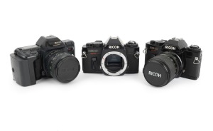 RICOH: Group of 1980s SLRs, comprising Ricoh KR-10 Super (Ricoh C 35-70mm f3.5-4.5, with cap), Ricoh KR-10 Super (body only), and Ricoh XR-M (Rikenon P Zoom 35-70mm f3.4-4.5, with cap). (3 items)