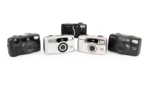ASAHI KOGAKU (PENTAX): Group of 1990s plastic point-and-shoot cameras, comprising Espio 90MC, Espio 115V, Espio 140, Espio 738S, and Espio 928. (5 items)