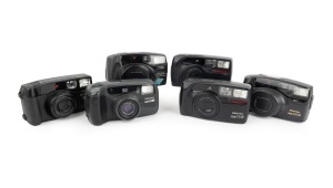 ASAHI KOGAKU: Group of c. 1990s plastic point-and-shoot cameras, comprising Pentax Zoom 70-R (2), Pentax Zoom 90, Pentax Zoom 90-WR, Pentax Zoom 105-R, and Pentax Zoom 105 Super. (6 items)