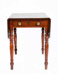 PEMBROKE TABLE: Cedar drop-side table with brass handles & turned legs. Early to mid 19th century. Height 73cm, width 58cm, depth 107cm