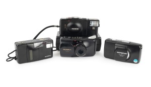 OLYMPUS: Group of 1980s-90s plastic point-and-shoot cameras, comprising Olympus Infinity Junior, Olympus Stylus Zoom 105, Olympus Stylus Zoom DLX (jammed), and Olympus XA-2 (in maker's case). (4 items)