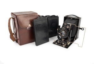 ZEISS IKON: "Maximar" (207/1) folding camera, c. 1927, plate dimensions approx. 11 x 8cm, Tessar 135mm f4.5 lens, Klio shutter; offered in matching leather case with additional film back and 6 plate holders.