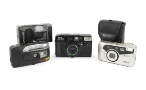 RICOH: Group of 1980s-90s plastic point-and-shoot cameras, comprising Ricoh AF-5D Riquartz, Ricoh AF-77 Date, Ricoh RZ-735 (with case), and Ricoh XF-30D. (4 items)
