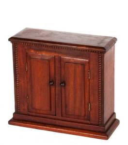 APPRENTICE CABINET: Fiddleback cedar 2 door cabinet, c1900. Height 37cm, width 38cm, depth 16cm