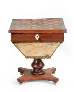 Salesman Sample miniature work table (English) c1860s. Mahogany & birdseye maple games top with fitted interior. Height 23cm, width 21cm, depth 19cm RARE