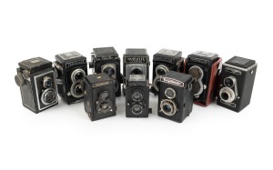 TLR CAMERAS: Mid-20th century group comprising Ciroflex, Hollywood Reflex, Mamiyaflex Junior, Traveller Reflex (2), Voigtl&auml;nder Brillant (2), WY Super Reflex, Zeiss Ikon Ikoflex, and one other. (10 items)
