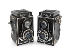 MEOPTA: Two different c. 1940s Flexaret TLRs with Mirar 80mm f3.5 lenses, one with Prontor II shutter, the other with Prontor-S shutter.