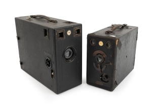 J.W. SMALL & CO.: Pair of c. 1880s detective-type box cameras, both with "J.W. Small & Co. Sydney & Melbourne" retailer's inlays, one with Beck Symmetrical lens, the other with Rapid Rectilinear lens; the taller 22cm.