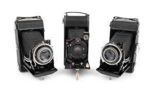 ZEISS IKON: Group of early-20th century folding cameras, comprising Cocarette (Novar 105mm f6.3/Derval), Ikonta 521/2 (Novar 105mm f4.5/Prontor-S), and Nettar 515/2 (Novar 105mm f4.5/Pronto). (3 items)