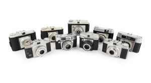 VIEWFINDER CAMERAS: Circa 1950s group comprising Agfa Isola, Agfa Isola I, Agfa Silette (2), Agfa Silette-LK, Bilora Bella 66, Dacora-Digna I, Empire Scout, and one other. (9 items)