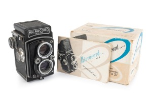 MICRO PRECISION: Microcord TLR, c. 1950s, Ross Xpres 77.5mm f3.5 lens, Prontor SVS shutter; offered in maker's box with instruction booklet.