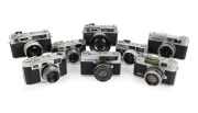 RANGEFINDER CAMERAS: 1960s-70s group comprising Hanimex C35 (2), Konica EE-Matic Deluxe F, Kuribayashi Petri 7, Kuribayashi Petri 1.9, Minolta Hi-Matic 35, and Yashica Electro 35 (2). (8 items)