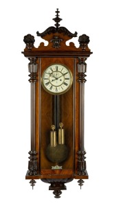 GUSTAV BECKER antique German regulator wall clock in walnut case with twin weight time and strike movement, enamel dial and Roman numerals, 19th/20th century, 128cm high.