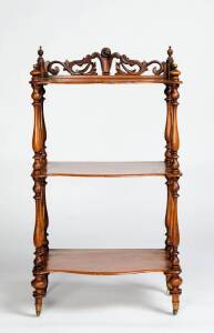 WOTNOT: Fine walnut 3 tier stand with carved gallery (Smee design from the 1850 pattern book). From the Redmond Barry estate sale 1881. Height 101cm, width 56cm, depth 36cm