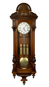 ADOLF HIRSCH antique Vienna regulator wall clock in walnut case with carved column decoration, three weight grande sonnerie eight day movement with two piece enamel dial, Roman numerals and minute track, bearing maker's details, circa 1870, 124cm high