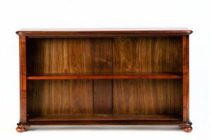 ROCKE & Co Fiddleback blackwood dwarf bookshelf, late 19th century. Height 52cm, 122cm, depth 23cm