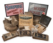 An accumulation of penny arcade-related items (mutoscope reels, stereo cards, fortune telling machine cards, etc.); condition generally poor. (qty.)