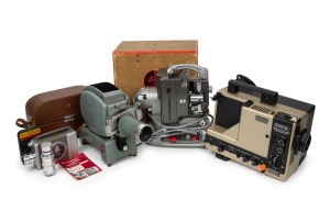 PROJECTORS: Group of mid-20th century projectors, comprising Bolex-Paillard M8 (in maker's box), Eumig S912 GL, and Leitz Prado, together with a Bell & Howell "Auto Load" 16mm movie camera in leather case with accessories. (4 items)