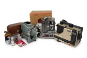 PROJECTORS: Group of mid-20th century projectors, comprising Bolex-Paillard M8 (in maker's box), Eumig S912 GL, and Leitz Prado, together with a Bell & Howell "Auto Load" 16mm movie camera in leather case with accessories. (4 items)