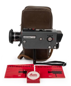 LEITZ: Leicina Super RT1 super-8 movie camera [#071678], c. 1970, with Vario 8-64mm f1.9 lens and hood; offered in leather case with boxed Leitz lens filter and instruction booklet.
