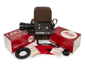 LEITZ: Leicina Special super-8 movie camera [#082668], c. 1972, with Optivaron 6-66mm f1.8 lens [#12555784] and cap; offered in Leitz leather case with maker's boxes for both camera and Optivaron lens, instruction booklets, and lens hood.