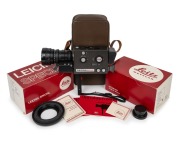 LEITZ: Leicina Special super-8 movie camera [#082668], c. 1972, with Optivaron 6-66mm f1.8 lens [#12555784] and cap; offered in Leitz leather case with maker's boxes for both camera and Optivaron lens, instruction booklets, and lens hood.