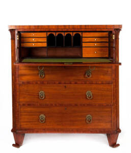 SECRETAIRE: A fine & rare chest, cedar with rose mahogany veneered front & satinwood pigeonhole interior, circa late 1830s early 1840s. Unusual French influenced front feet, pilaster corners with scrolling leafy capitals. New South Wales origin. Height 12
