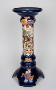 SATSUMA blue glazed Japanese pedestal with hand-painted decoration, Meiji Period, early 20th century, seal mark to base, 55cm high.