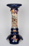 SATSUMA blue glazed Japanese pedestal with hand-painted decoration, Meiji Period, early 20th century, seal mark to base, ​​​​​​​55cm high.