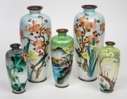 Five assorted Japanese Ginbari cloisonne vases, Meiji Period, early 20th century, ​​​​​​​the largest 24.5cm high.