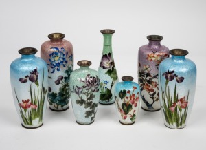 Seven assorted Japanese Ginbari cloisonne vases, Meiji Period, early 20th century, the largest 15.5cm high.