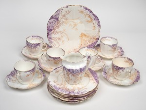 WILEMAN & Co. and OLD FOLEY "Trailing Ivy" pattern antique English porcelain tea ware comprising six cups, six saucers, six side plates, jug and cake plate, 19th/20th century, (20 items), the plate 22cm wide.