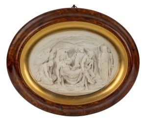 JUSTIN MATHIEU (1795-1864) antique fired plaster bas relief plaque, in attractive oval frame with woodgrain simulated finish, early to mid 19th century, signed "Justin", 27 x 34cm overall.