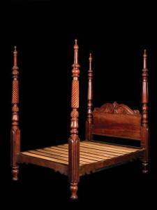 BED: A cedar 4 poster bed with finely turned barley twist columns & Thomas Hope scrolling headboard, c1840. PROVENANCE: Sir Rupert & Lady Steel. 223 x 146 x 206cm