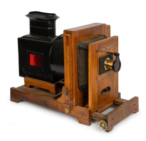 Enlarger/lantern projector, c. 1890s; iris diaphragm brass lens "J.H. Dallmeyer No. 4 Stigmatic Series II" [#57549]; dimensions approx. 50 x 34 x 70cm.