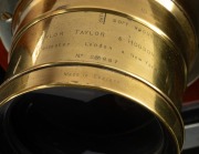 Circa 1920s large format studio camera, plate dimensions 21 x 16.5cm, Taylor Taylor & Hobson Cooke Series II 10 x 8" Eq. Focus brass lens, intact black bellows, on adjustable timber stand; height set to approx. 1.5m. - 4