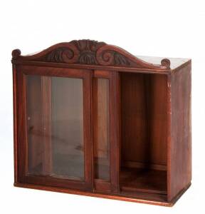 Desk top collectors cabinet, cedar c1850s with 2 sliding doors & Thomas Hope scroll top. Height 66cm, width 72cm, depth 29cm