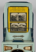 PENNY ARCADE: "The Auto Stereoscope" early-20th century coin-operated hardwood tabletop stereoscope; rack of eighteen travel-themed stereo cards present; operates manually with One Penny coin, height approx. 96cm. - 3