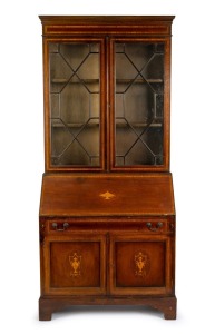 An antique English mahogany Sheraton revival bureau bookcase with satinwood banding and astragal glazed upper doors, 19th/20th century, ​​​​​​​attractive small size 207cm high, 93cm wide, 46cm deep.