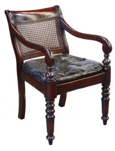 Gentlemans carver chair: Cedar early form with rail back, c1860s with hand cane seat & leather squab cushion 60 x 56 x 92cm
