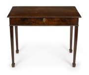An antique English mahogany side table with hinged top and internal storage, with square form tapering legs and spade feet, 18th century and later additions, 70cm high, 86cm wide, 41cm deep.